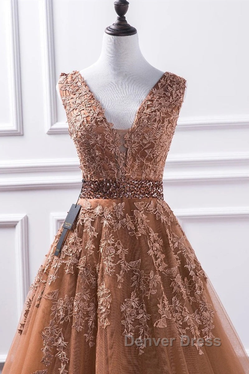 Gorgeous V Neck Champagne Lace Long Prom Dress, Champagne Lace Prom Graduation Prom Dresses