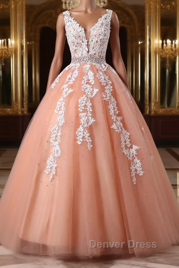 Gorgeous V Neck Open Back Coral Lace Floral Long Prom Dresses, Coral Lace Formal Dresses, Coral Evening Dresses with Appliques Main image
