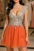 Gorgeous V Neck Open Back Orange Short Prom Homecoming Dress, Short Orange Prom Dresses