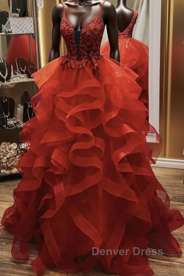Gorgeous V Neck Open Back Red Lace Long Prom Dress, Red Lace Prom Dresses, Red Ball Gowns Main image