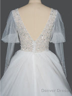 Gorgeous V-Neck Shinny Sequins A-Line Wedding Dress Sheer Sleeves,