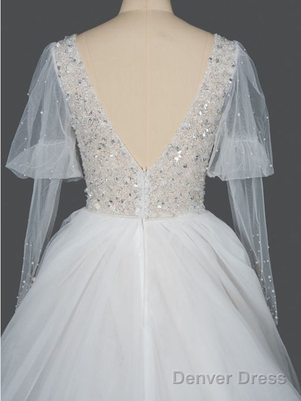 Gorgeous V-Neck Shinny Sequins A-Line Wedding Dresses Sheer Sleeves, Secondary image