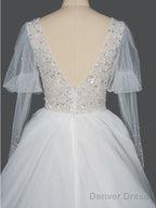 Gorgeous V-Neck Shinny Sequins A-Line Wedding Dresses Sheer Sleeves,