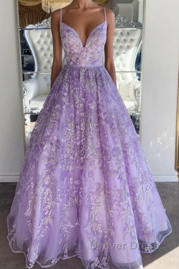 Gorgeous V Neck Thin Straps Purple Long Prom Dresses, V Neck Purple Formal Evening Dresses, Purple Ball Gown