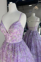 Gorgeous V Neck Thin Straps Purple Long Prom Dresses, V Neck Purple Formal Evening Dresses, Purple Ball Gown