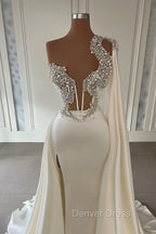 Gorgeous White A Line One Shoulder Graduation Dress Long Glitter Prom Dresses With Split Online