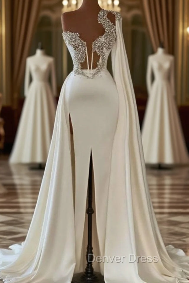Gorgeous White A-line One Shoulder Graduation Dresses Long Glitter Prom Dresses With Split Online