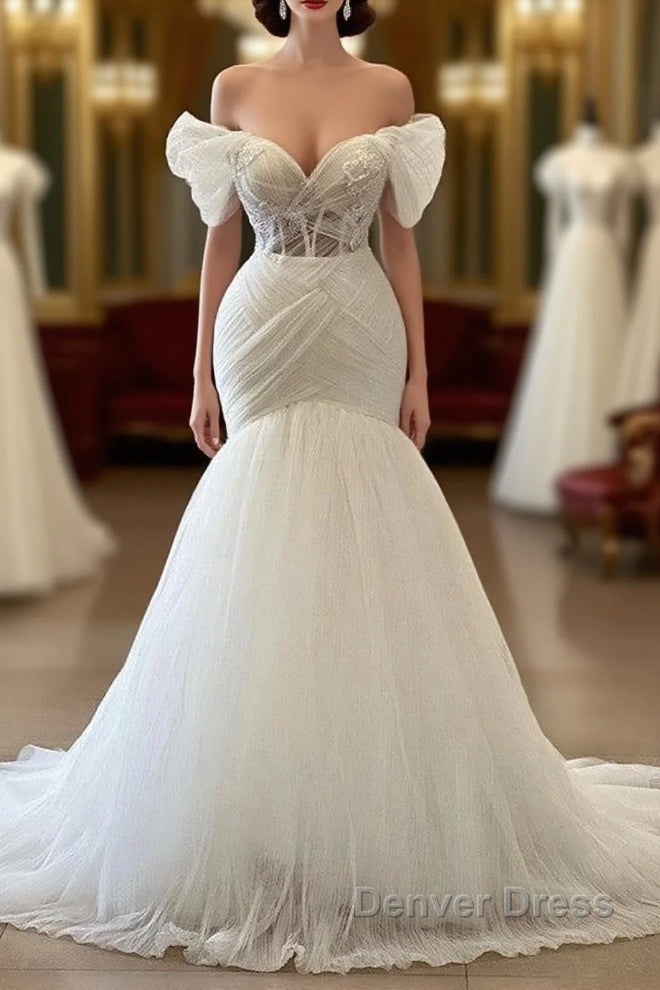 Gorgeous White Long Mermaid Off the Shoulder Tulle Wedding Dresses Main image