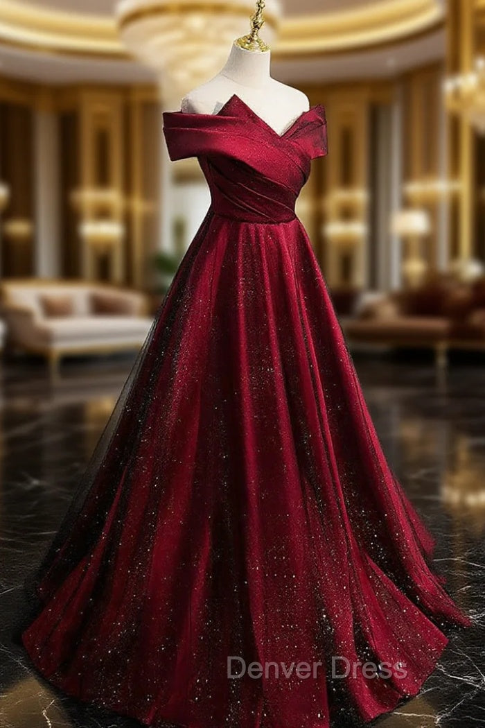 Gorgeous Wine Red Satin Off Shoulder Party Dresses , Wine Red Prom Dresses