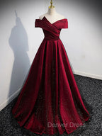 Gorgeous Wine Red Satin Off Shoulder Party Dresses , Wine Red Prom Dresses