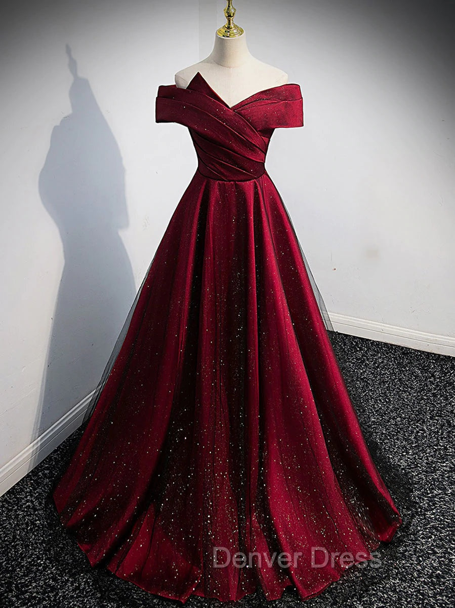 Gorgeous Wine Red Satin Off Shoulder Party Dresses , Wine Red Prom Dresses