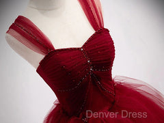 Gorgeous Wine Red Tulle Ball Gown Long Prom Dresses Formal Dresses, Burgundy Sweet 16 Dresses