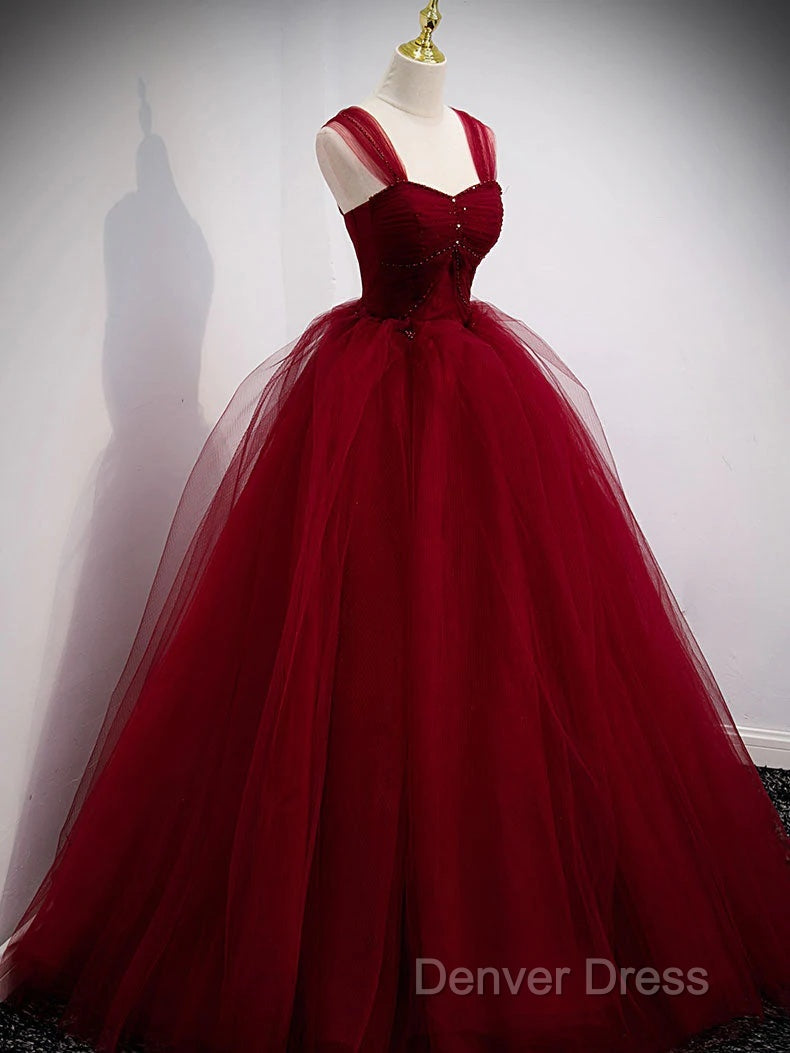 Gorgeous Wine Red Tulle Ball Gown Long Prom Dresses Formal Dresses, Burgundy Sweet 16 Dresses