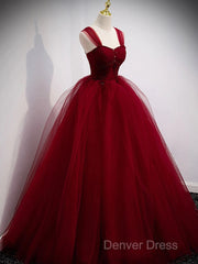 Gorgeous Wine Red Tulle Ball Gown Long Prom Dresses Formal Dresses, Burgundy Sweet 16 Dresses