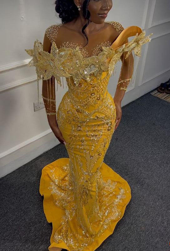 Gorgeous Yellow Beaded Mermaid Prom Dress Long Prom Dresses Secondary image