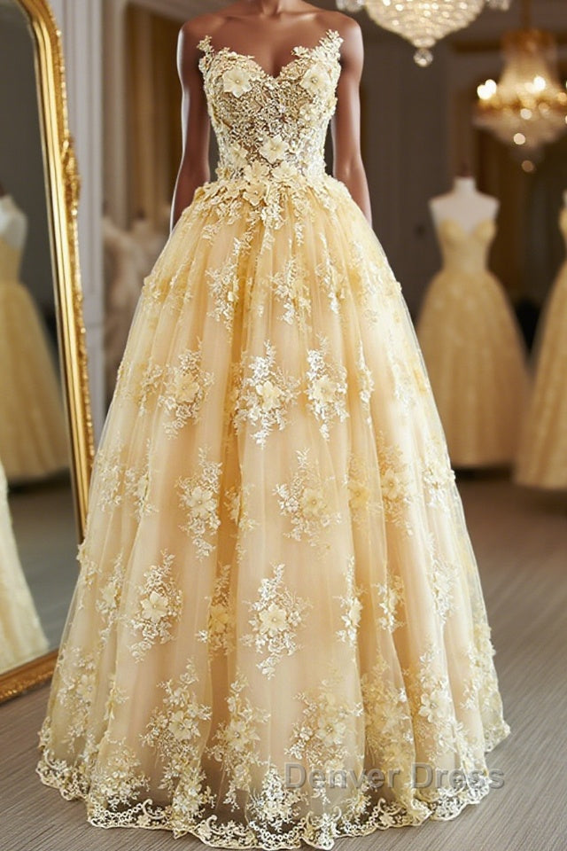 Gorgeous Yellow Lace Appliques Long Prom Dress, Yellow Lace Prom Dress, Yellow Prom Dresses Main image