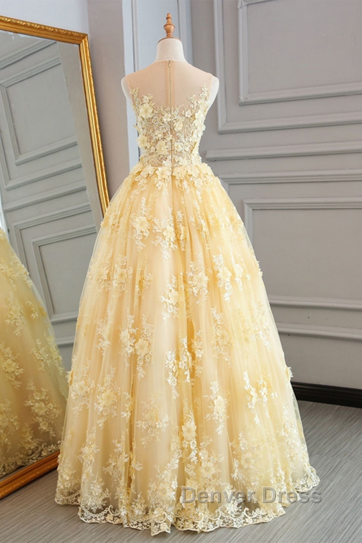 Gorgeous Yellow Lace Appliques Long Prom Dress, Yellow Lace Prom Dress, Yellow Prom Dresses
