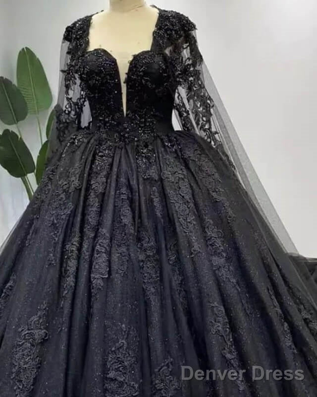 Gothic Black Long Sleeve Wedding Dress With Cape Secondary image