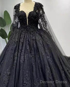 Gothic Black Long Sleeve Wedding Dress With Cape