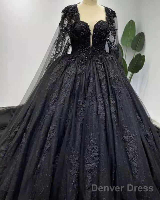 Gothic Black Long Sleeve Wedding Dress With Cape Main image