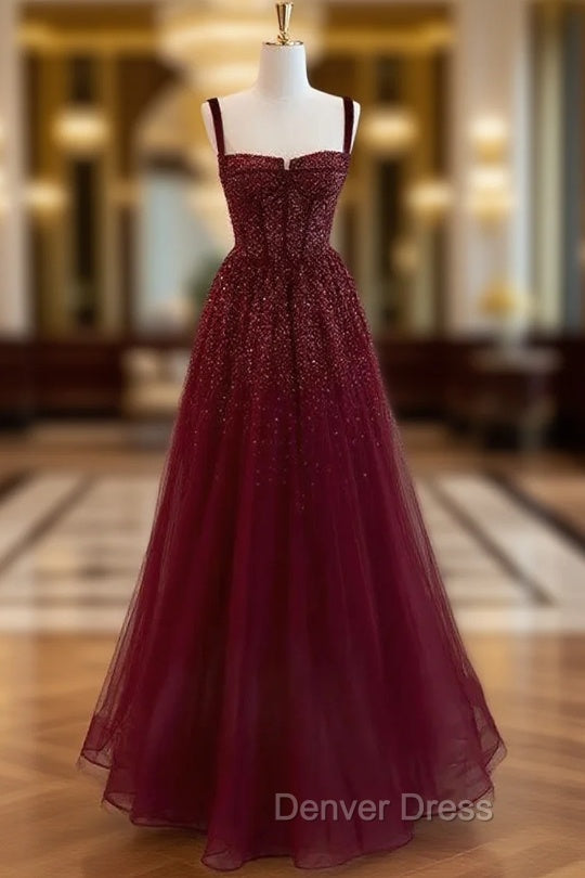 Gothic Burgundy Spaghetti Straps Sequins Beaded Prom Dress Tulle Prom Dresses