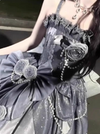 Gothic Sweet & Cool Silver Gray Spaghetti Strap 3D Floral Bow Sequined Satin Prom Dresses Evening Dresses