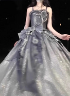 Gothic Sweet & Cool Silver Gray Spaghetti Strap 3D Floral Bow Sequined Satin Prom Dresses Evening Dresses