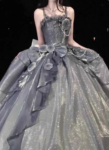 Gothic Sweet & Cool Silver Gray Spaghetti Strap 3D Floral Bow Sequined Satin Prom Dresses Evening Dresses