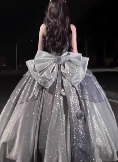 Gothic Sweet & Cool Silver Gray Spaghetti Strap 3D Floral Bow Sequined Satin Prom Dresses Evening Dresses