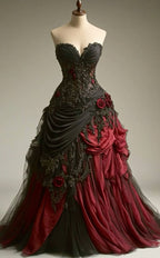 Gothic Victorian Wedding Dresses, Pleated Floral Rose 3D Custom Black Burgundy Gowns