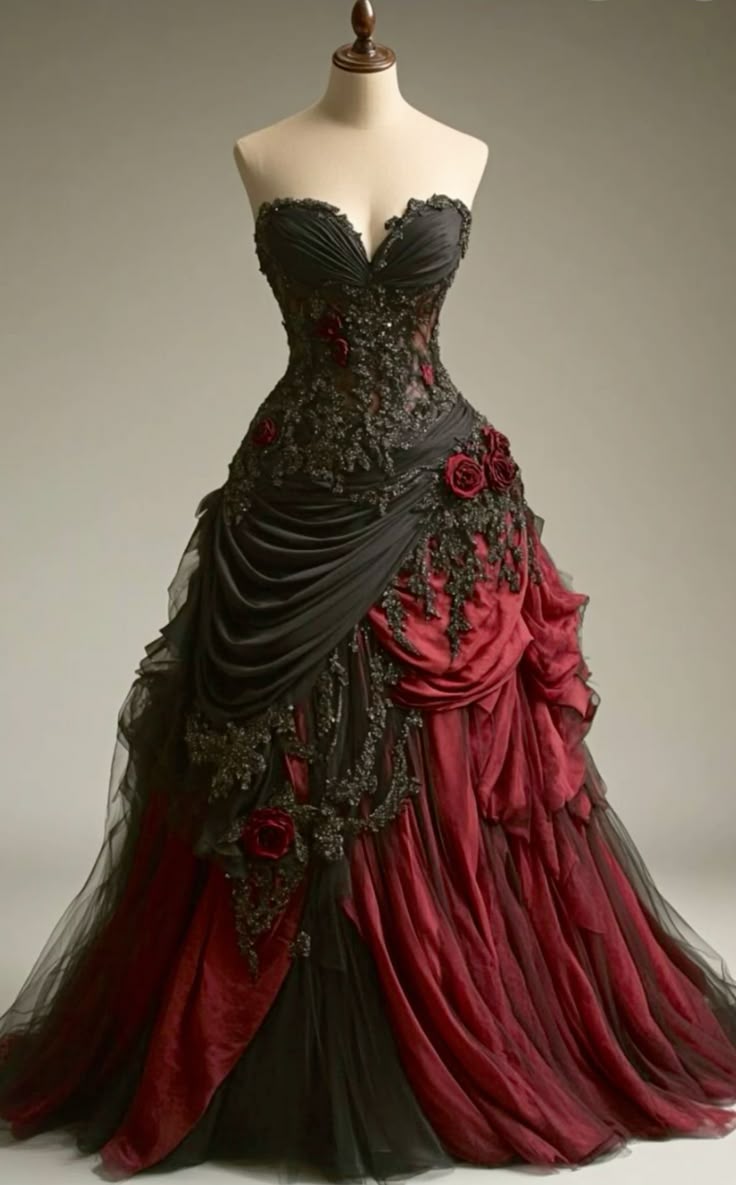 Gothic Victorian Wedding Dresses, Pleated Floral Rose 3D Custom Black Burgundy Gowns Main image