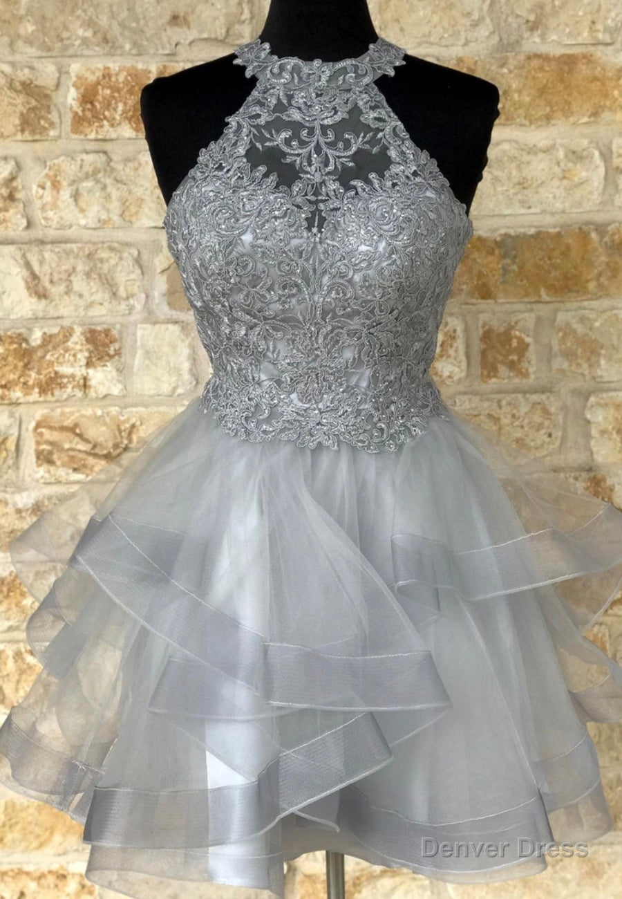 Grey Lace Short Prom Dress, A Line Homecoming Dresses