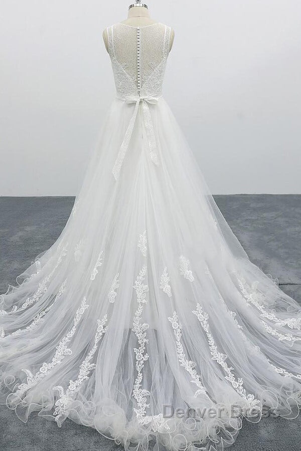 Graceful Long A Line Appliques Tulle Backless Wedding Dresses