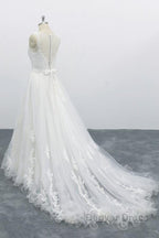 Graceful Long A Line Appliques Tulle Backless Wedding Dresses