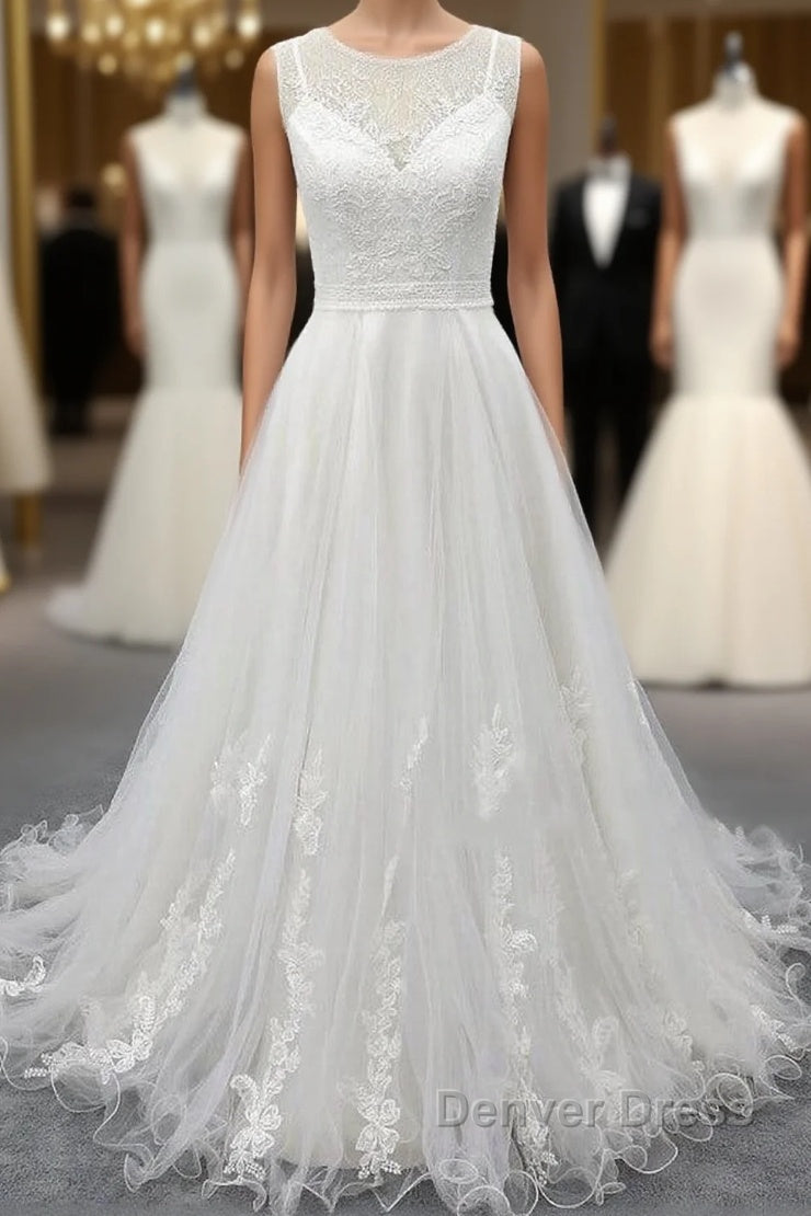 Graceful Long A Line Appliques Tulle Backless Wedding Dresses