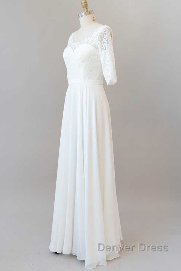 Graceful Long A Line Lace Chiffon Wedding Dresses with Sleeves