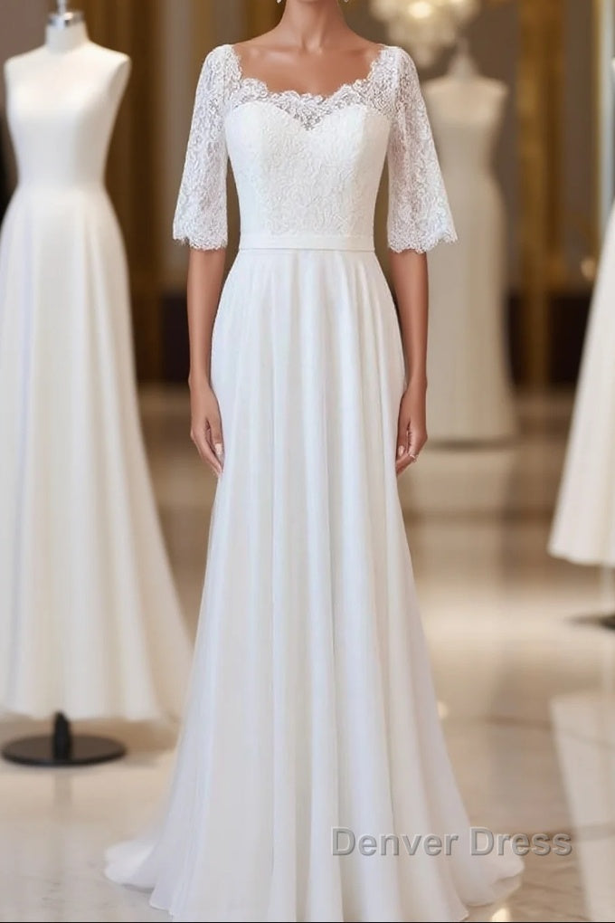 Graceful Long A Line Lace Chiffon Wedding Dresses with Sleeves