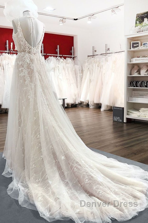 Graceful Long A Line Tulle V Neck Lace Backless Wedding Dresses