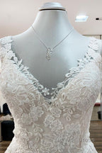 Graceful Long A Line Tulle V Neck Lace Open Back Wedding Dresses