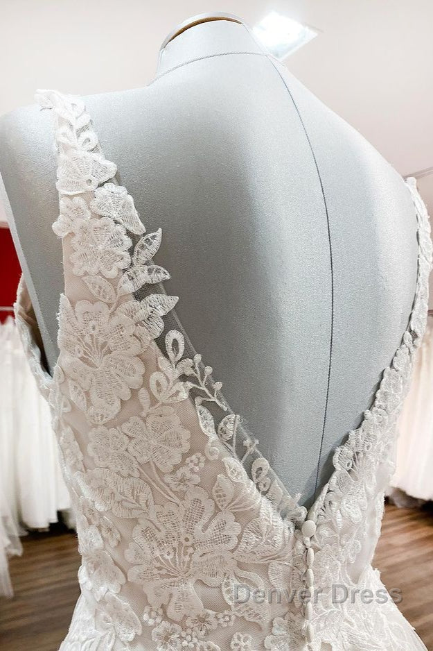 Graceful Long A Line Tulle V Neck Lace Open Back Wedding Dresses
