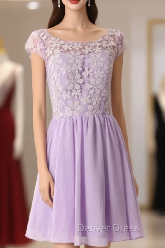 Graceful Purple Lace Round Neckline Short Prom Dress Purple Bridesmaid Dress Graduation Dresses