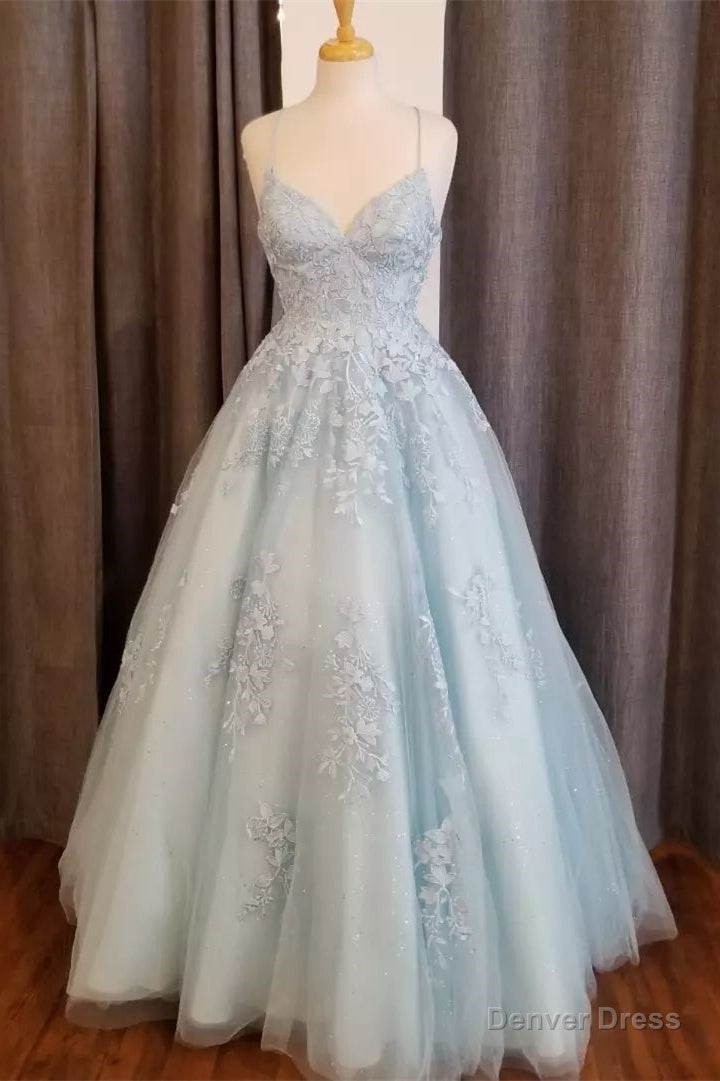 Light Blue Straps Appliques Tulle A Line Long Prom Dresses