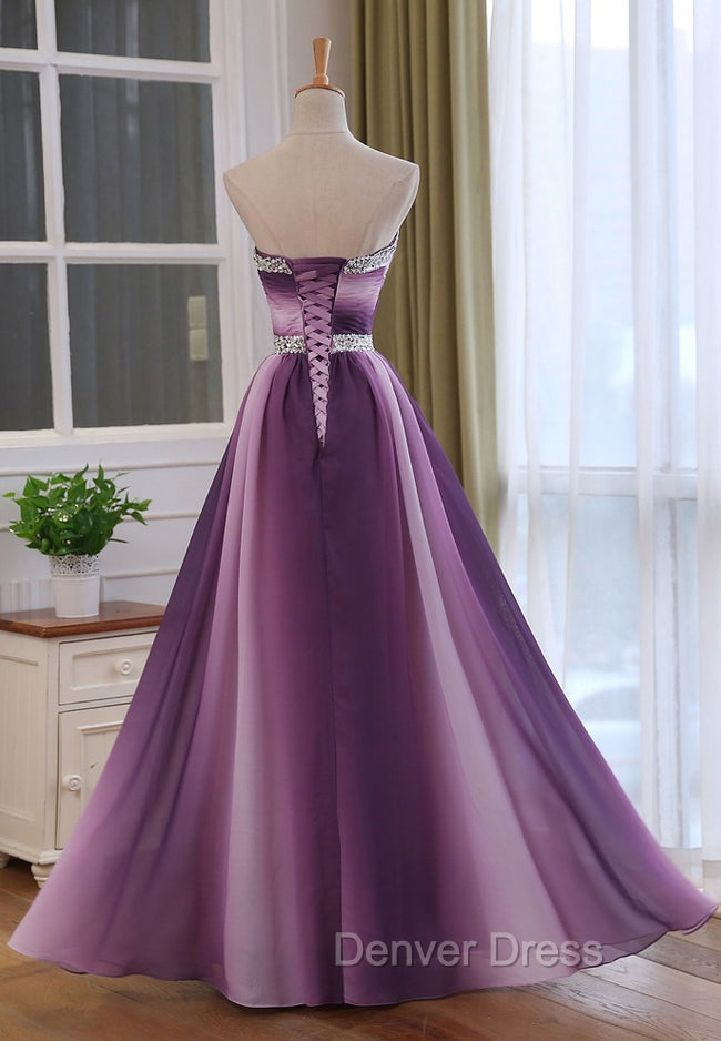 Gradient A Line Sweetheart Wedding Prom Dress, Beaded Chiffon Long Prom Dresses Secondary image