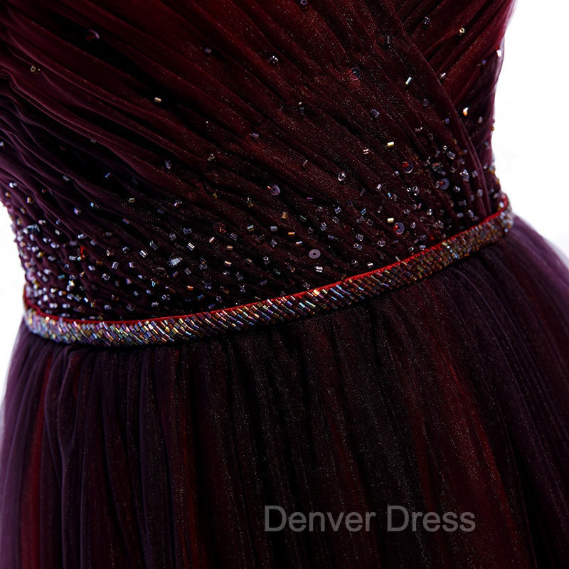 Gradient Beaded Wine Red Tulle Long Party Dresses, A-line Wine Red Prom Formal Dresses Secondary image