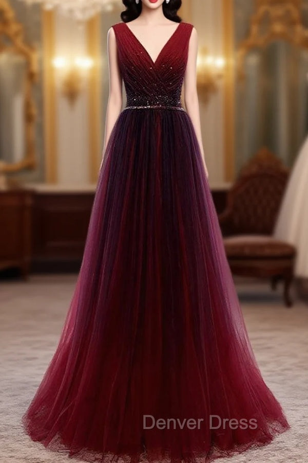 Gradient Beaded Wine Red Tulle Long Party Dresses, A-line Wine Red Prom Formal Dresses