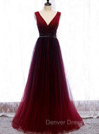 Gradient Beaded Wine Red Tulle Long Party Dresses, A-line Wine Red Prom Formal Dresses