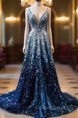 Gradient Blue A-Line Spaghetti Straps Sequins Long Prom Dresses V-Neck Evening Gown