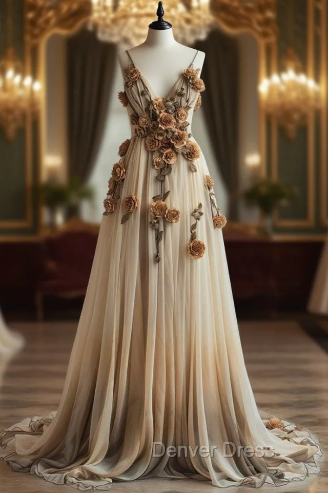 Gradient Champagne V-Neck Chiffon A-Line Prom Dresses Three-Dimensional Rose Simple Wedding Dresses Main image