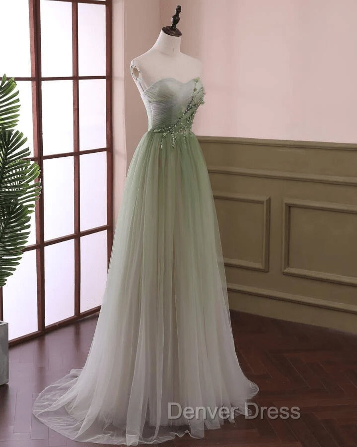 Gradient Light Green Beaded Tulle A Line Prom Dress Long Junior Prom Dress shops