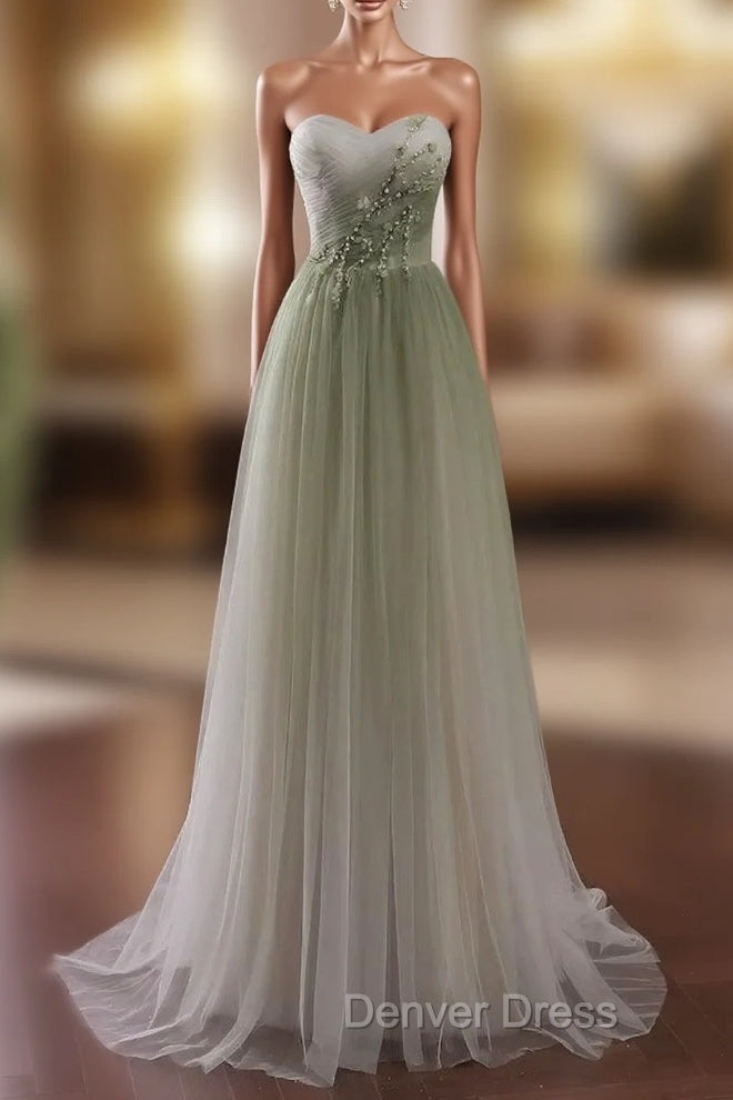 Gradient Light Green Beaded Tulle A-line Party Dresses Long Junior Prom Dresses prom Dresses shops Main image